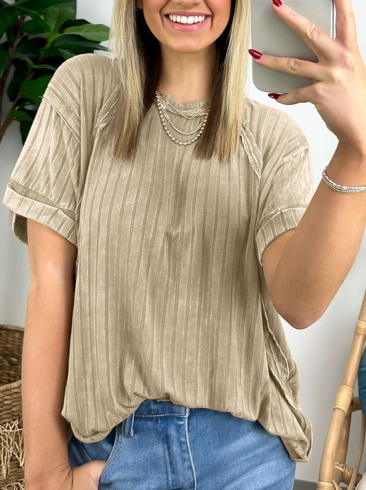 T-shirt côtelé décontracté délavé pour femme (achetez-en 2, livraison gratuite)