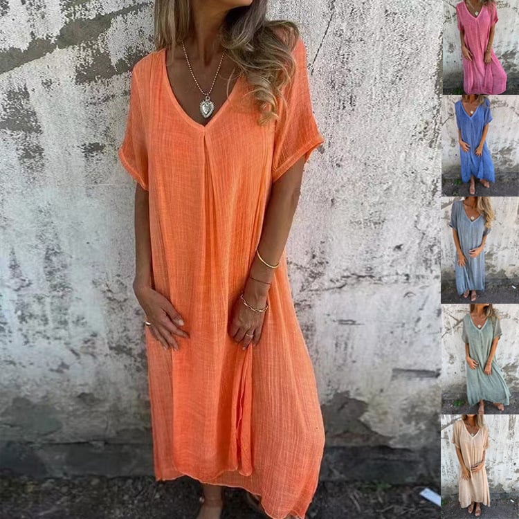 Robe midi en coton et lin à col en V