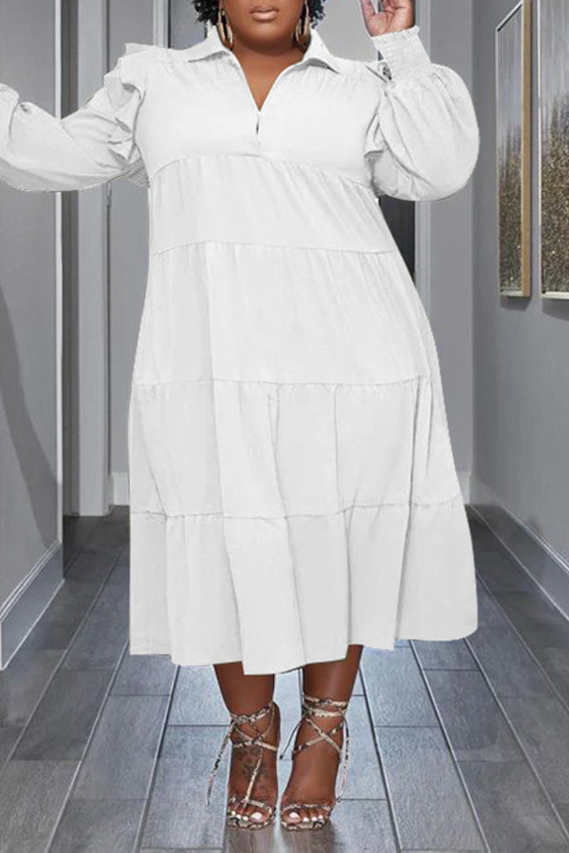 Robe Grande Taille à Manches Volants et Col Rabattu
