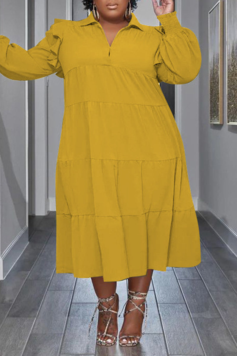 Robe Grande Taille à Manches Volants et Col Rabattu