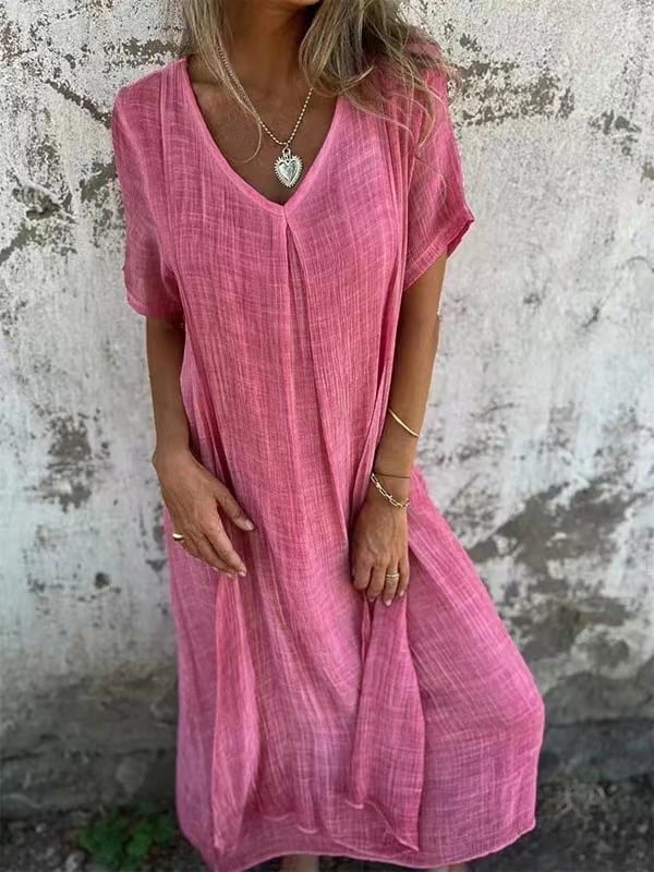 Robe midi en coton et lin à col en V