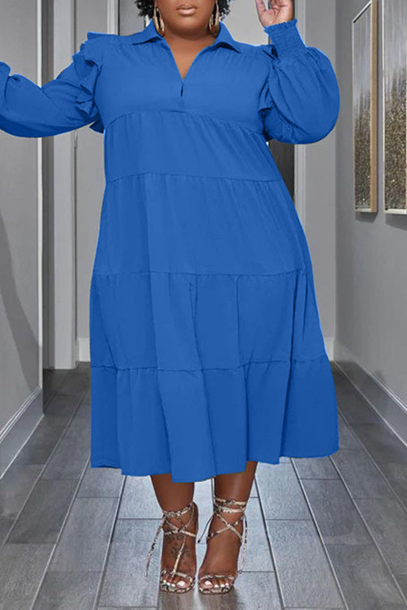 Robe Grande Taille à Manches Volants et Col Rabattu