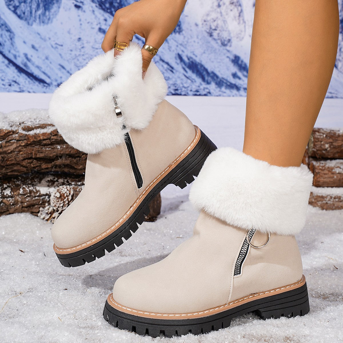 Bottes de neige chaudes doublées polaire avec fermeture éclair latérale pour femme