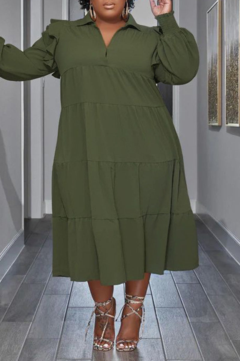 Robe Grande Taille à Manches Volants et Col Rabattu