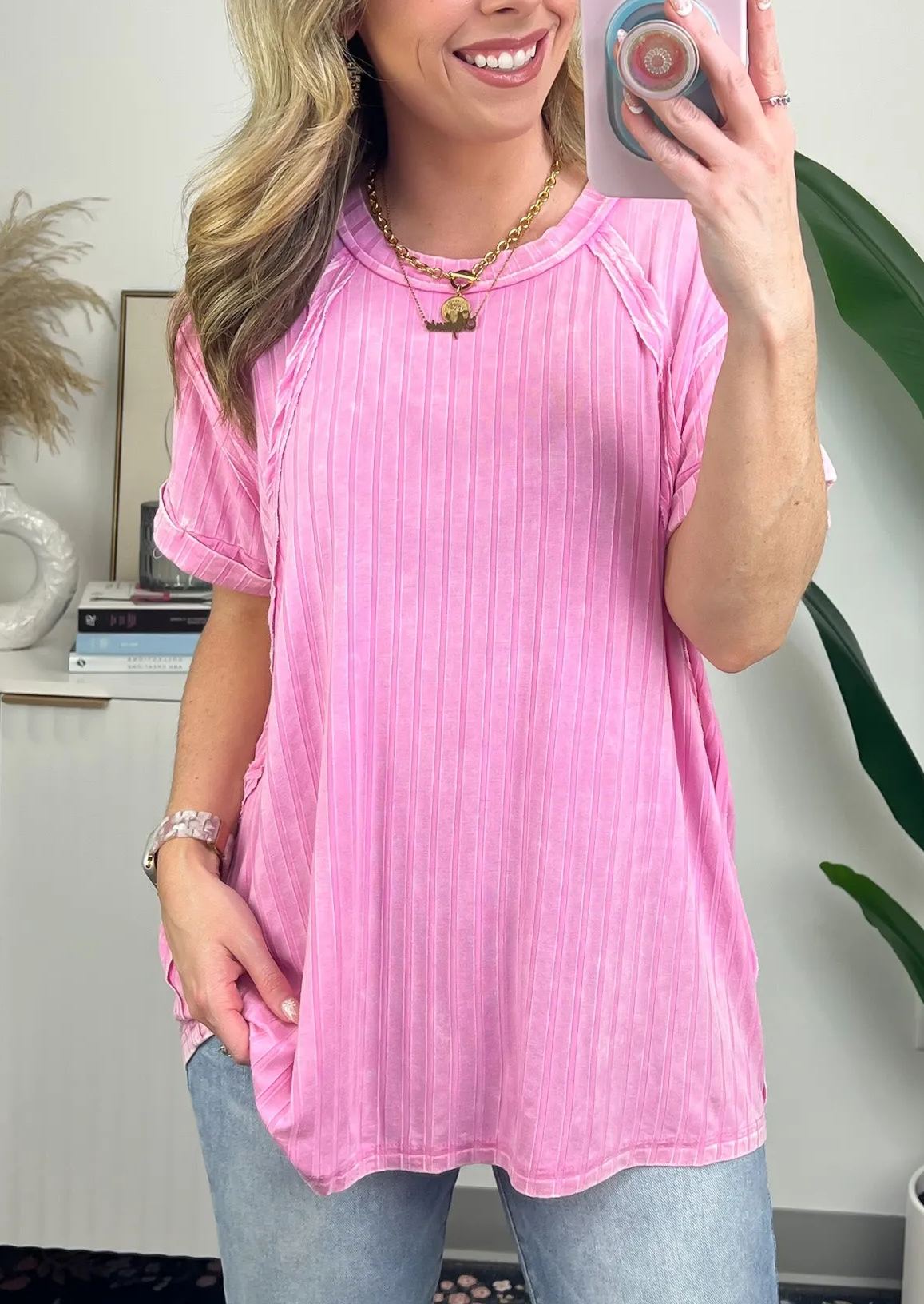 T-shirt côtelé décontracté délavé pour femme (achetez-en 2, livraison gratuite)