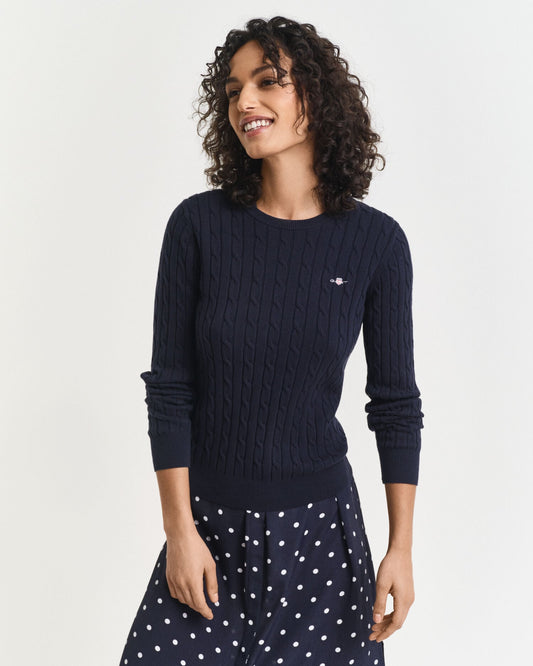 Stretch Cotton Cable Knit Crew Neck Sweater